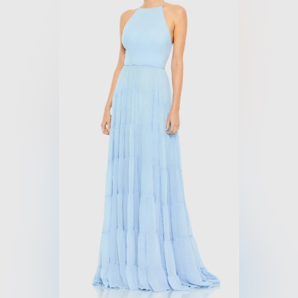 Mac Duggar Ruffle Tiered A Line Gown, powder blue, size 4, new